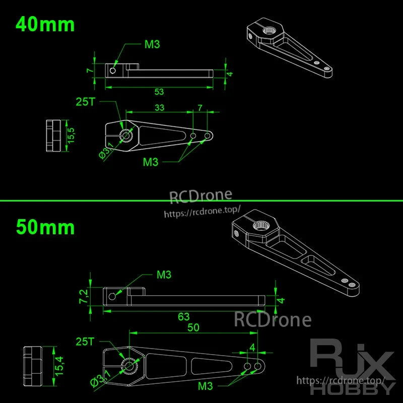 Dimension drawing of a 25T aluminum servo horn with M3 holes, showing 40mm and 50mm arm length options.