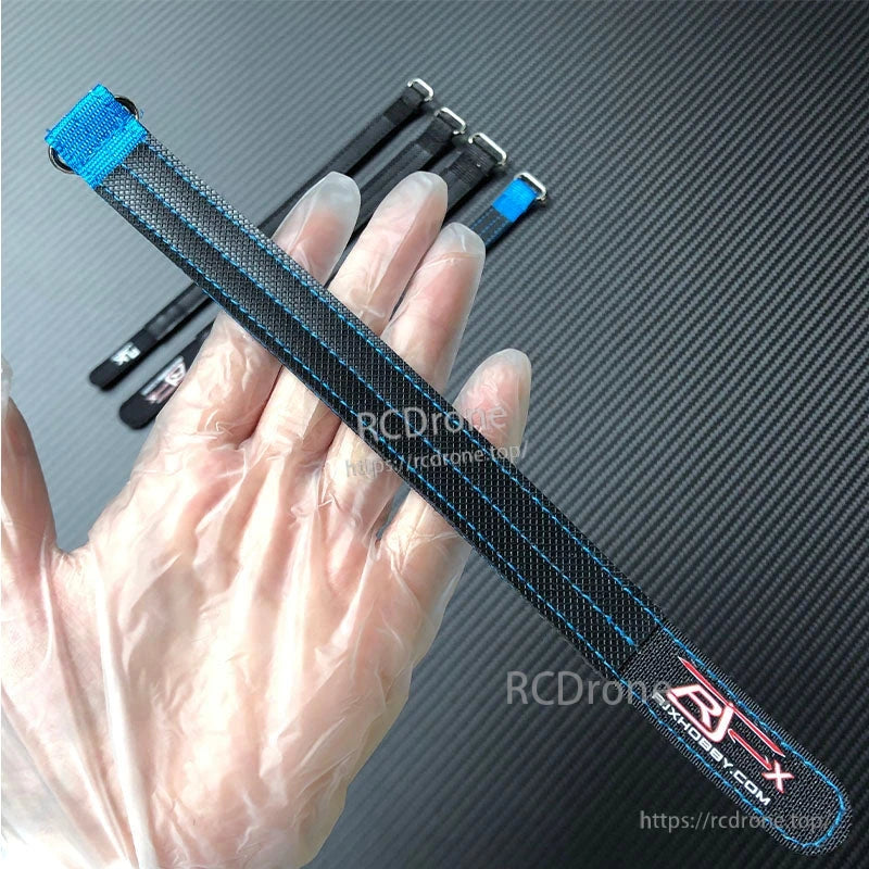 RJXHOBBY 2pcs Kevlar Battery Strap, RJXHOBBY black Kevlar battery strap with blue stitching and metal buckle for RC drone battery mounting