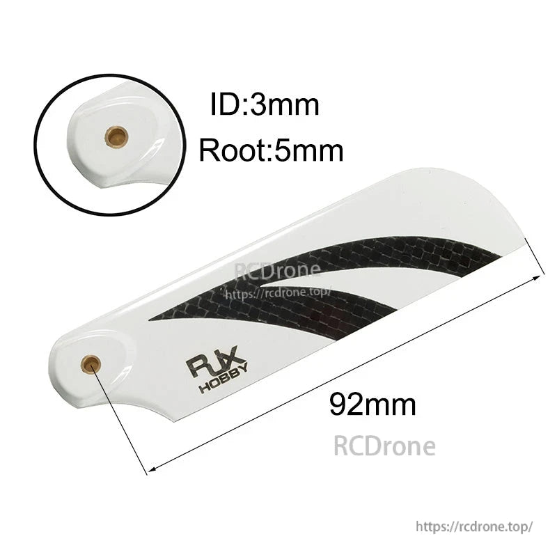 RJXHOBBY 92mm Carbon Fiber Tail Blades, RJXHOBBY 92mm carbon fiber tail blade with white finish, 3mm ID and 5mm root mounting hole