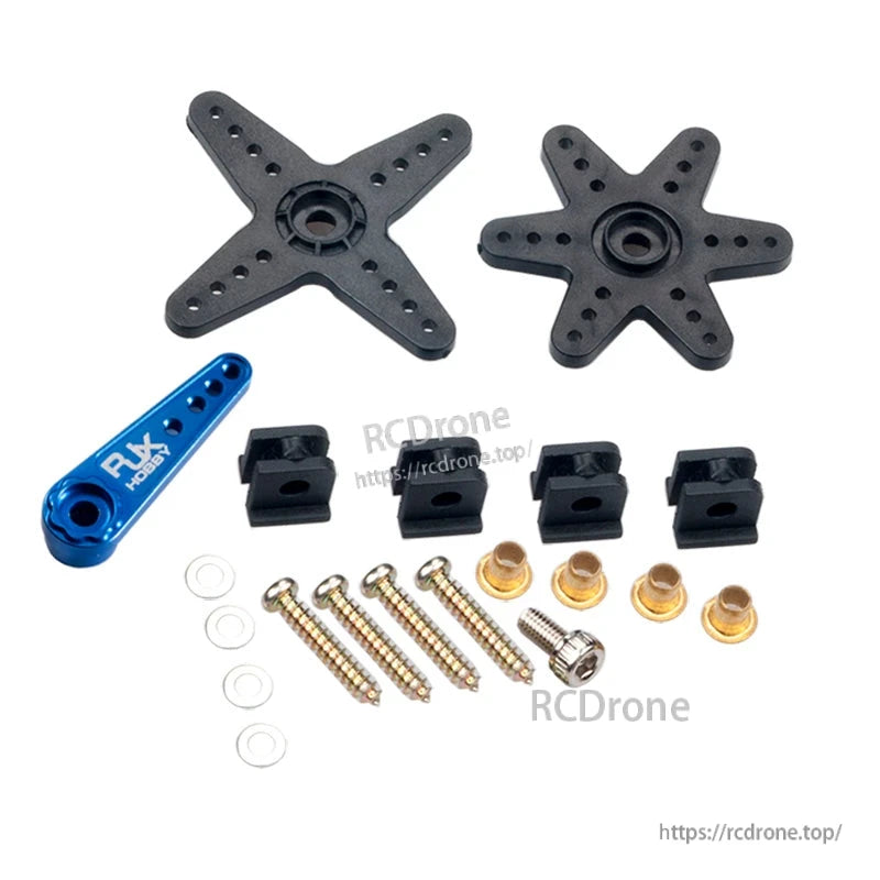 RJXHOBBY helicopter tail servo horn set with aluminum arm, plastic star horns, screws, grommets and bushings