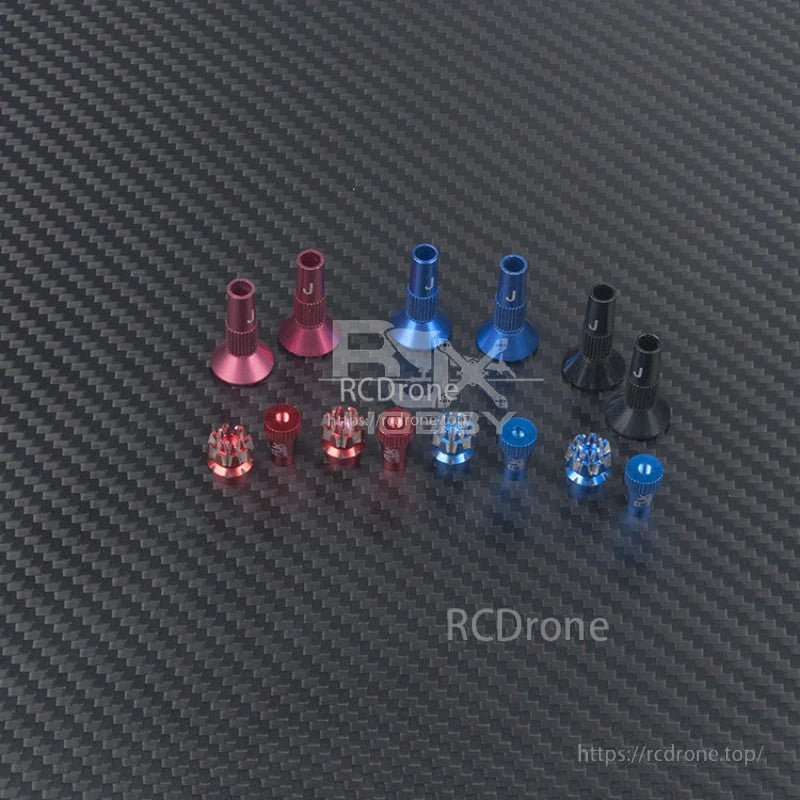 RJXHOBBY M4 Lotus Aluminum Gimbal Stick, RJXHOBBY M4 Lotus aluminum transmitter gimbal stick set with thumb grips in red, blue, and black