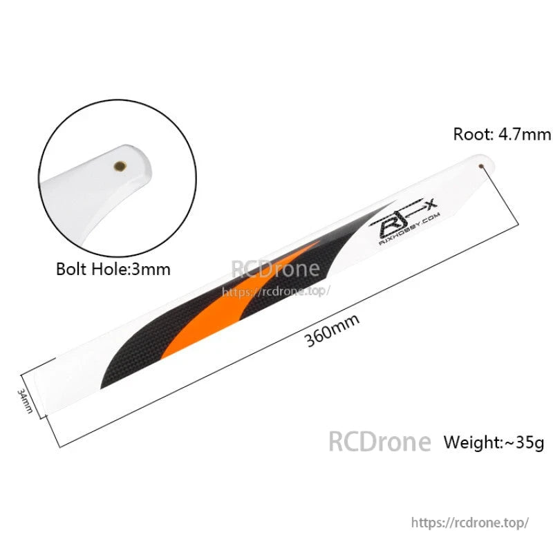 RJXHOBBY 360mm RC helicopter main rotor blade, orange and black carbon fiber, 3mm bolt hole, 4.7mm root