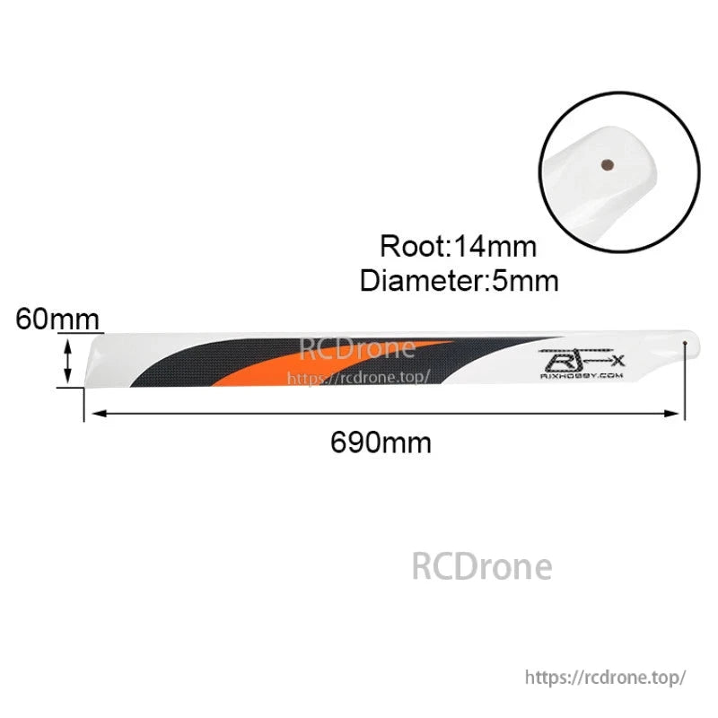 RJXHOBBY 690mm carbon fiber main rotor blade in orange/black with 14mm root and 5mm mounting hole