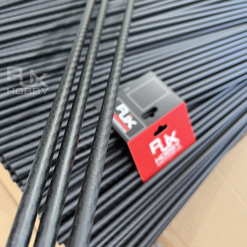 RJXHOBBY 3K carbon fiber round tubes with visible weave finish, stacked rods in background