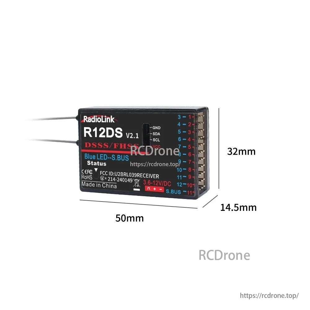 RadioLink R12DS 2.4GHz 12CH Long Range Receiver, RadioLink R12DS V2.1 is a 2.4GHz 12CH RC receiver supporting PWM, SBUS, DSSS, FHSS telemetry. Features blue LED, FCC ID, RoHS compliance, made in China, dimensions 50x32x14.5mm.