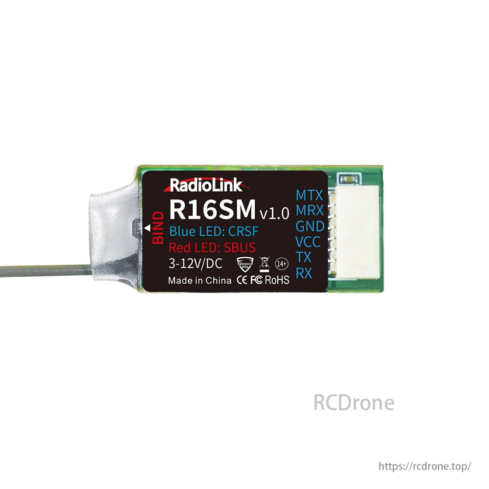 RadioLink R16SM 16 Channels Receiver, The RadioLink R16SM v1.0 is a 16-channel receiver with SBUS/CRSF, telemetry, blue/red LEDs, and 3-12V power input.