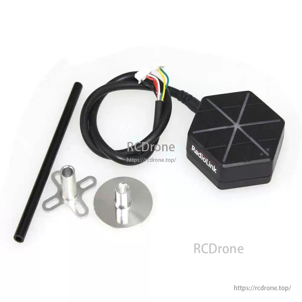 The RadioLink SE100 M10N GPS Module for Pixhawk features dual anti-interference technology, 50cm accuracy, and comes with mounting accessories.