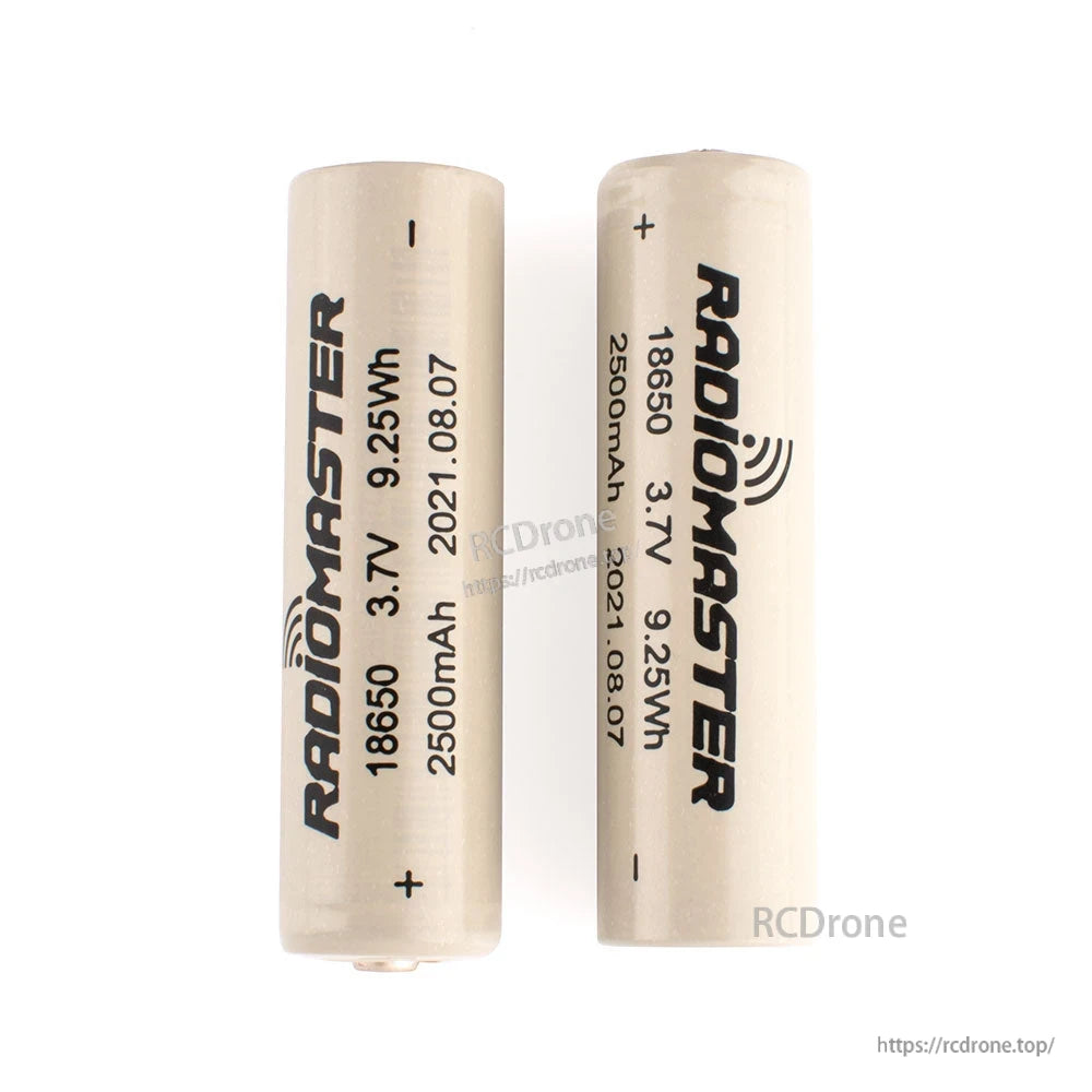 RadioMaster 18650 3.7V batteries with beige wrap showing 2500mAh and 9.25Wh markings