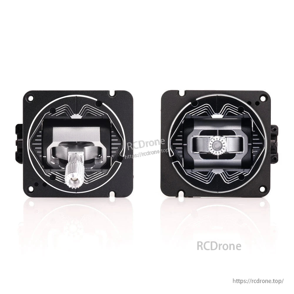 RadioMaster AG01 CNC Hall Gimbal set in black anodized finish, pair shown with faceplate graphics