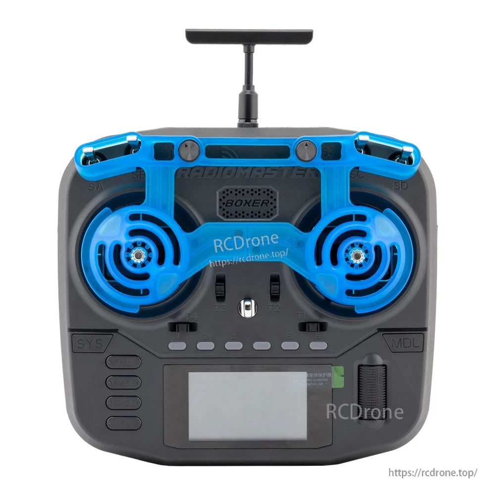 Front view of Boxer radio controller with blue gimbal protective cover installed