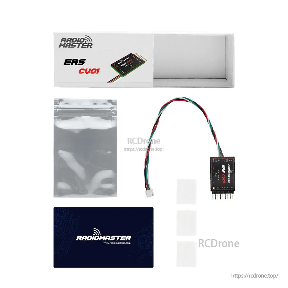 Package contents: ERS-CV01 module with lead, retail box, zip bag, instruction card and adhesive pads