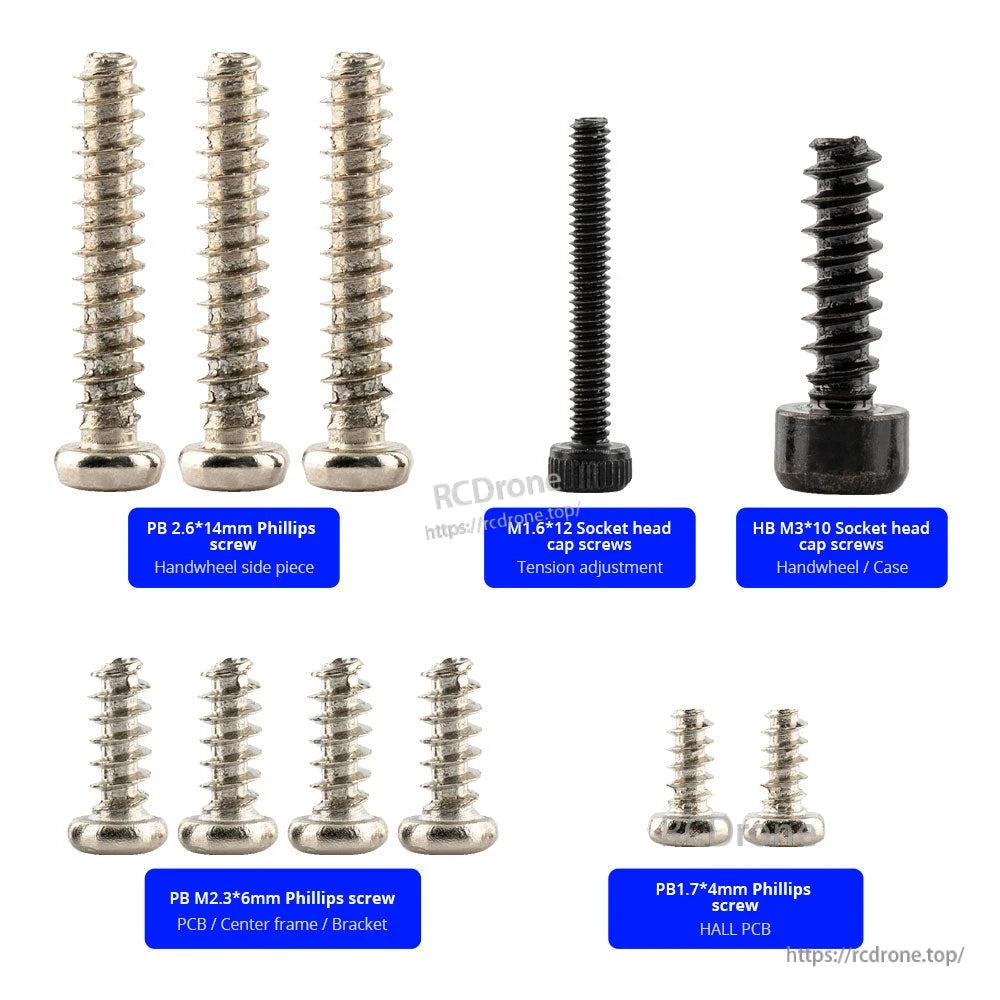RadioMaster MT12 steering wheel screw set, assorted Phillips and socket cap screws with size labels