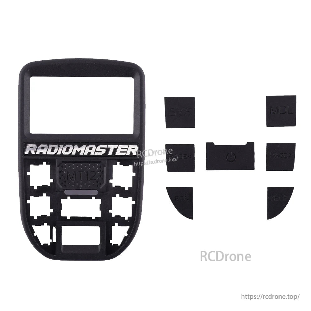 RadioMaster MT12 surface radio menu panel bezel with separate rubber SYS, MDL and power button set