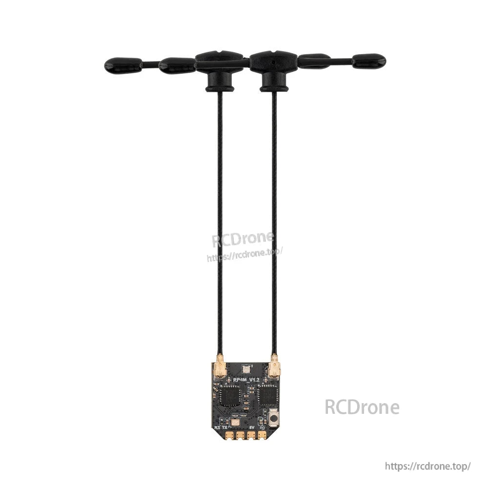 Dual-antenna receiver assembly shown full length with RP4TD-M board and two long antenna leads