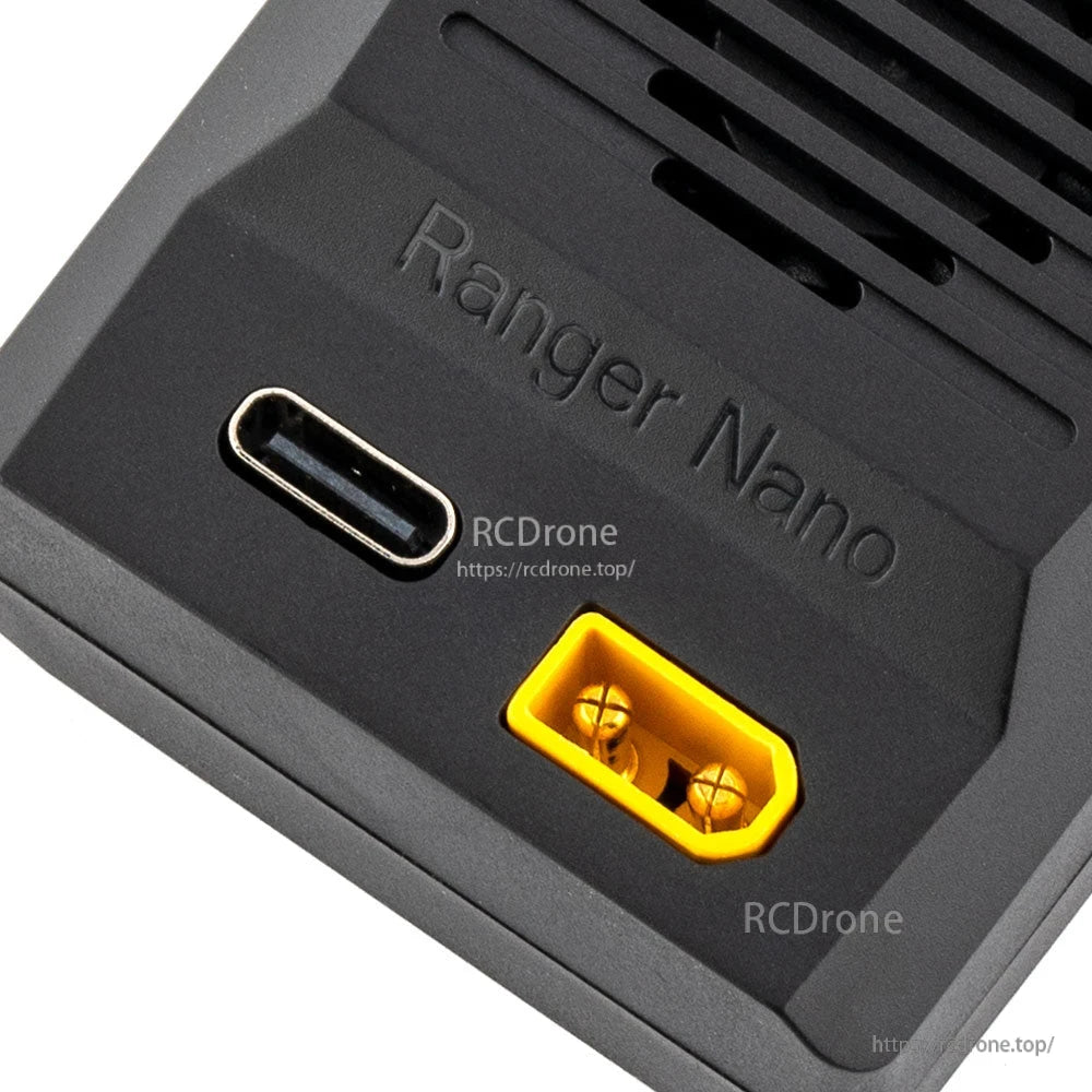 Close-up of Ranger Nano module USB-C port and yellow power connector on the front base