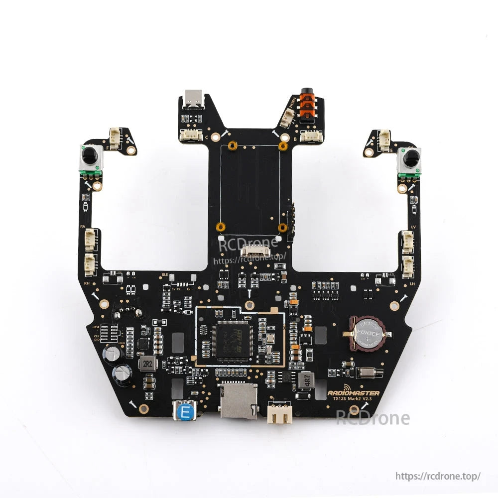 RadioMaster TX12 MKII main board replacement PCB, top view showing connectors and components