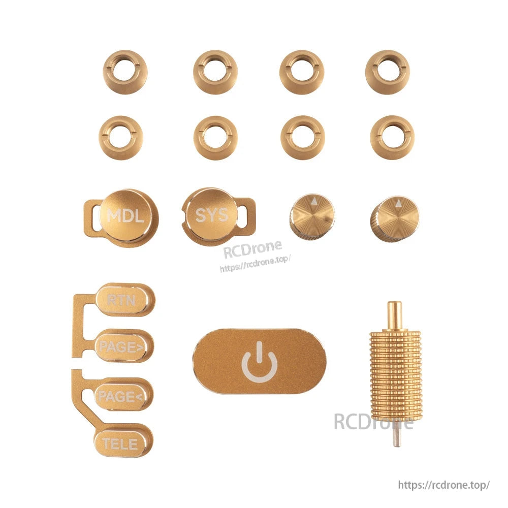 Gold anodized aluminium switch and button upgrade kit layout for TX16S MK3, rings, caps and power cover