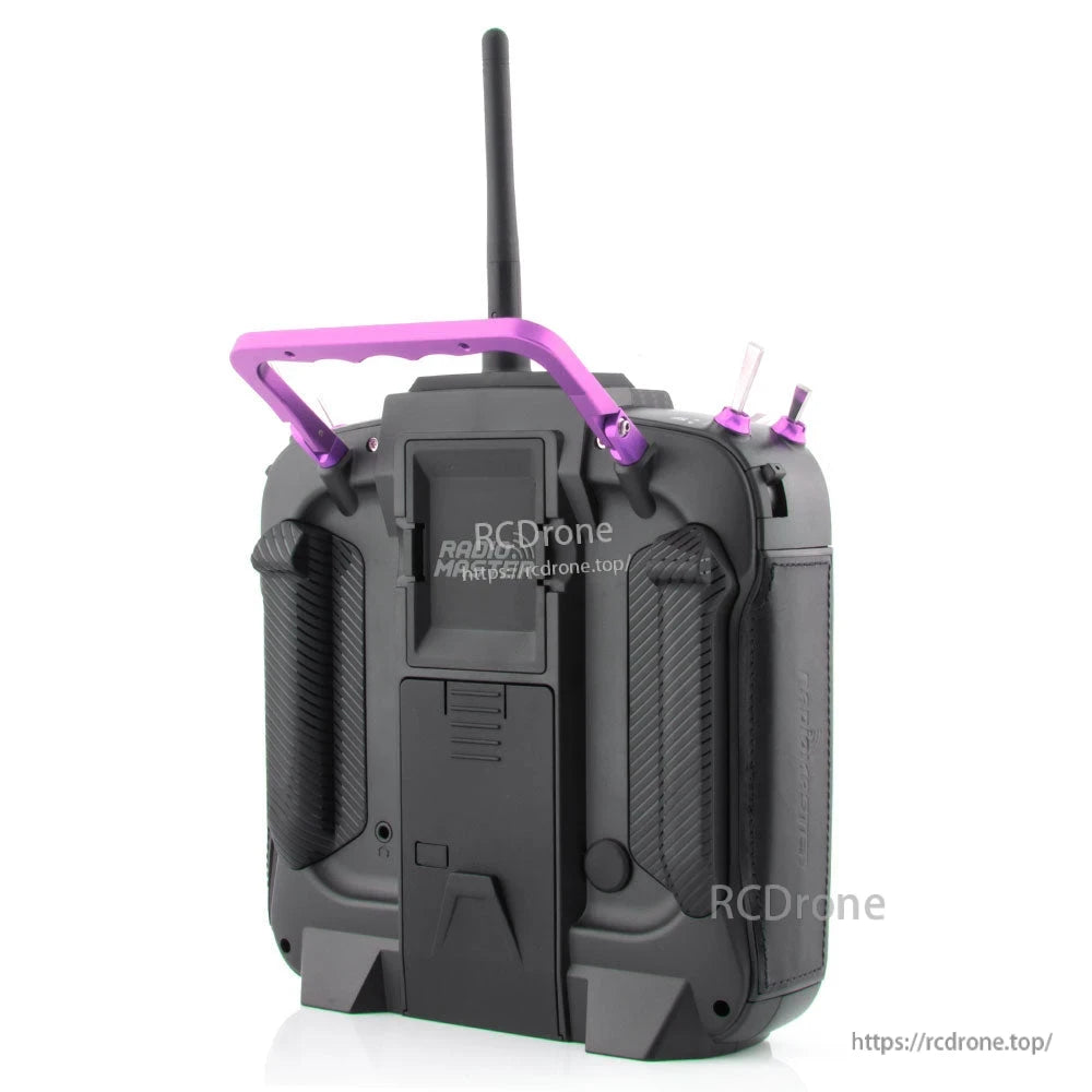 Rear view of TX16S Mark II Max transmitter showing foldable handle, battery cover area and textured grips