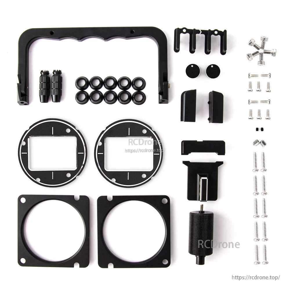 Black CNC aluminum upgrade hardware kit for TX16S Mark II V4, includes handle bracket, gimbal rings and fasteners