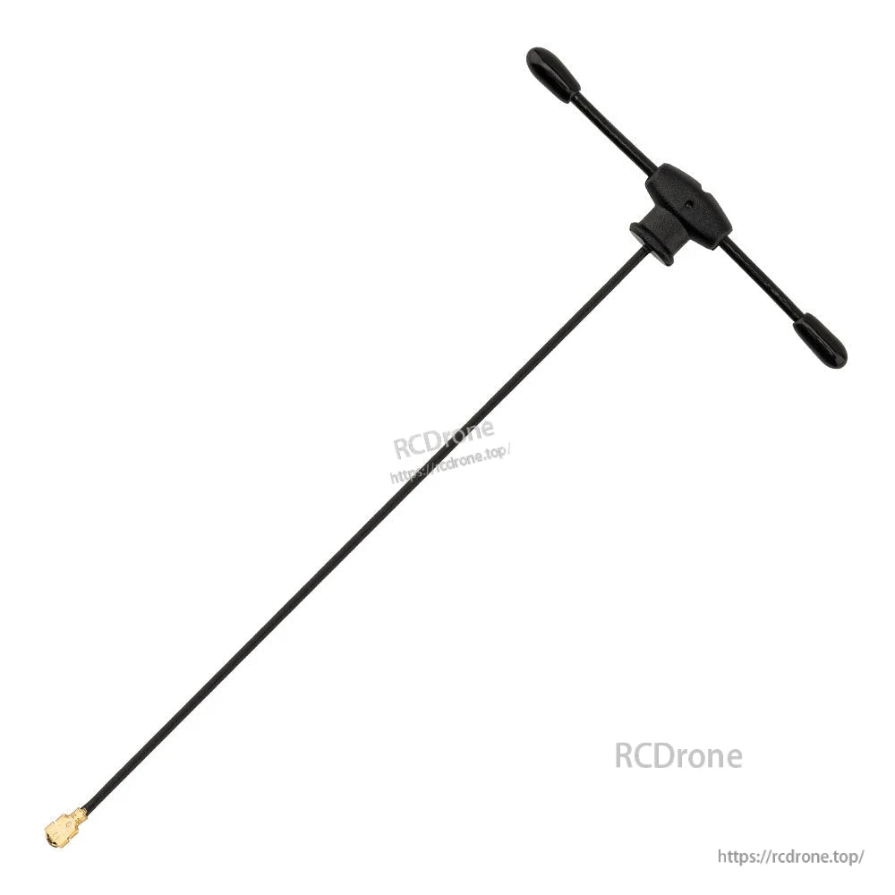 Single T-antenna with long coax lead and gold UFL connector, full length view