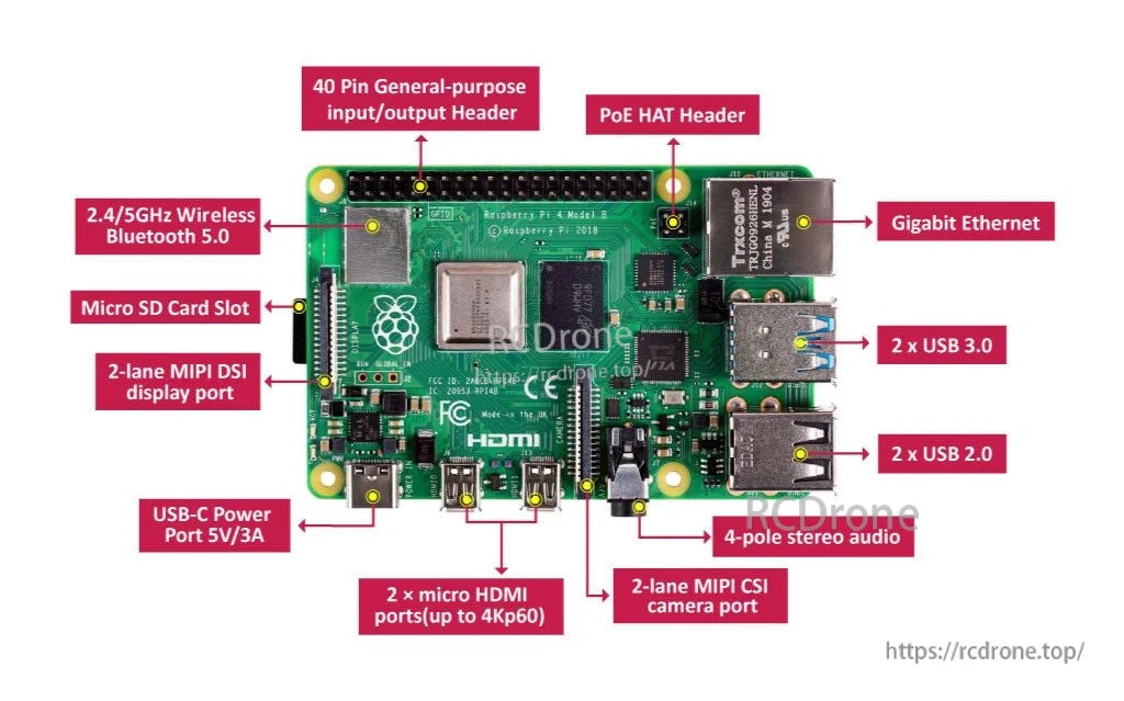 Raspberry Pi 4 computer with 2GB RAM, quad-core processor, and various connectivity options.