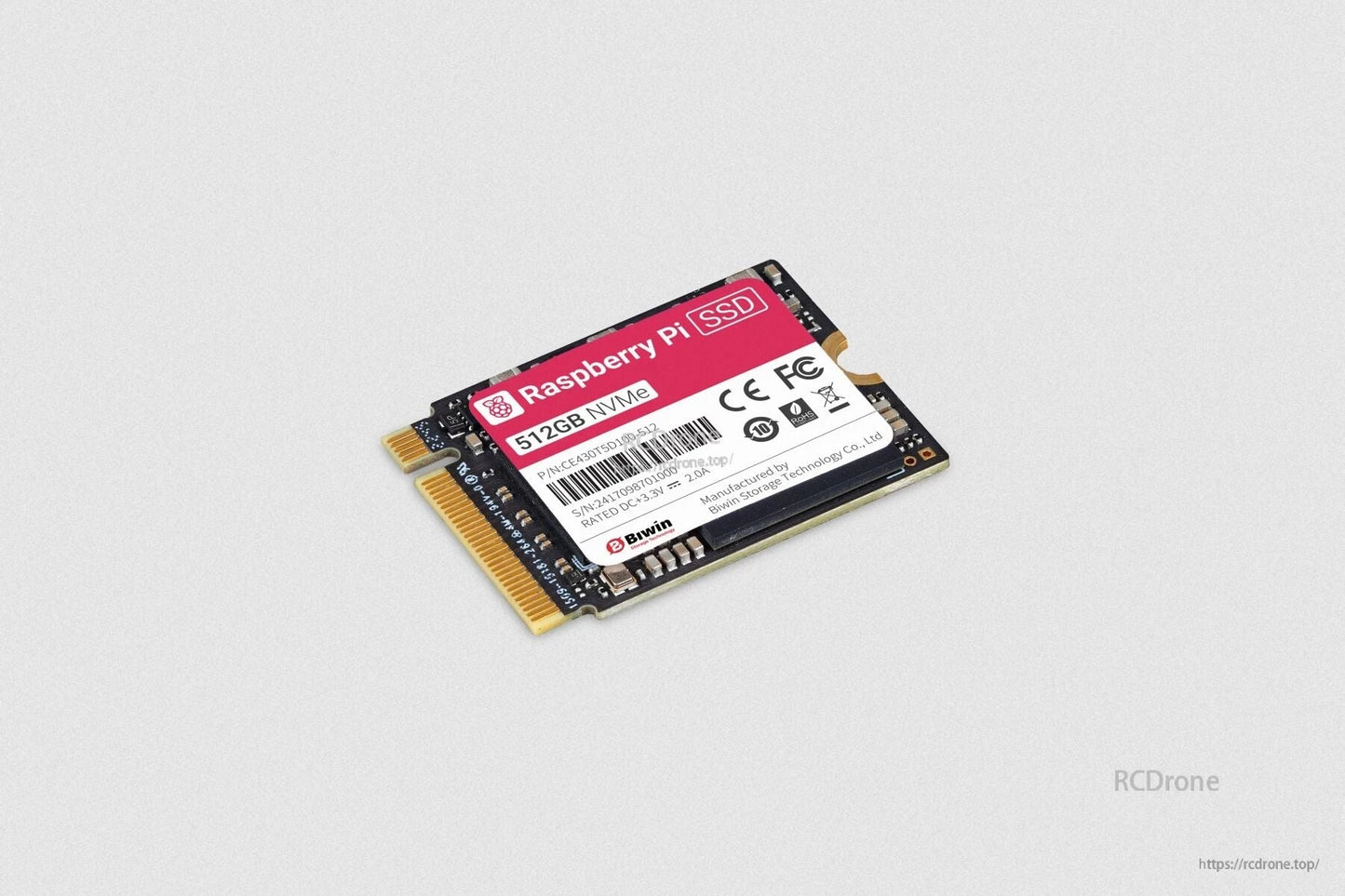 512GB NVMe SSD for Raspberry Pi 5 by Biwin, PCIe Gen 3, 50k/90k IOPS, 30×22×1.35mm, 3.3V/2A, CE/FCC/RoHS compliant.