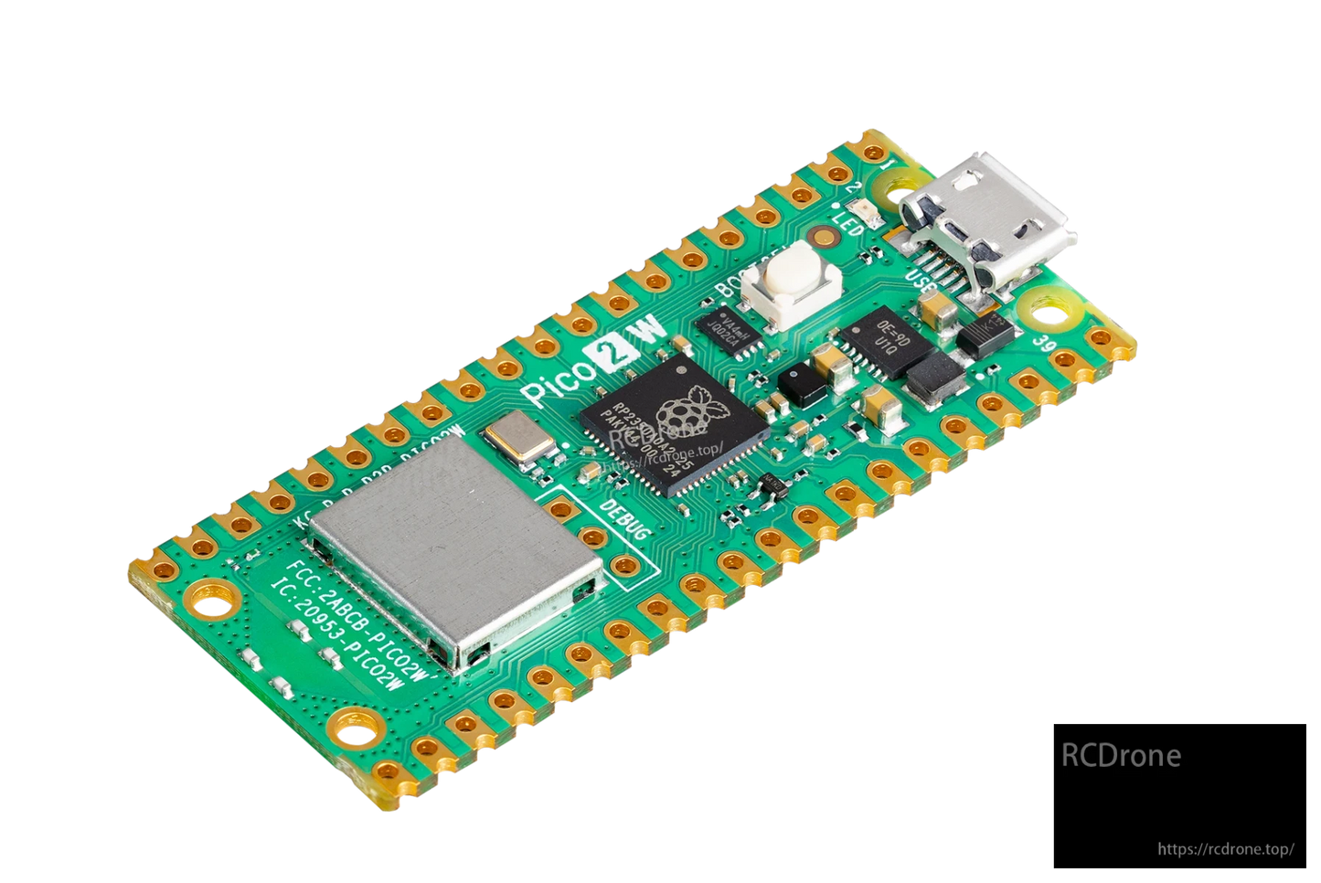 Raspberry Pi Pico 2 W: dual-core RP2350, Wi-Fi, Bluetooth 5.2, 4MB flash, 520KB SRAM, USB-C, LED, GPIO, debug interface, FCC ID.