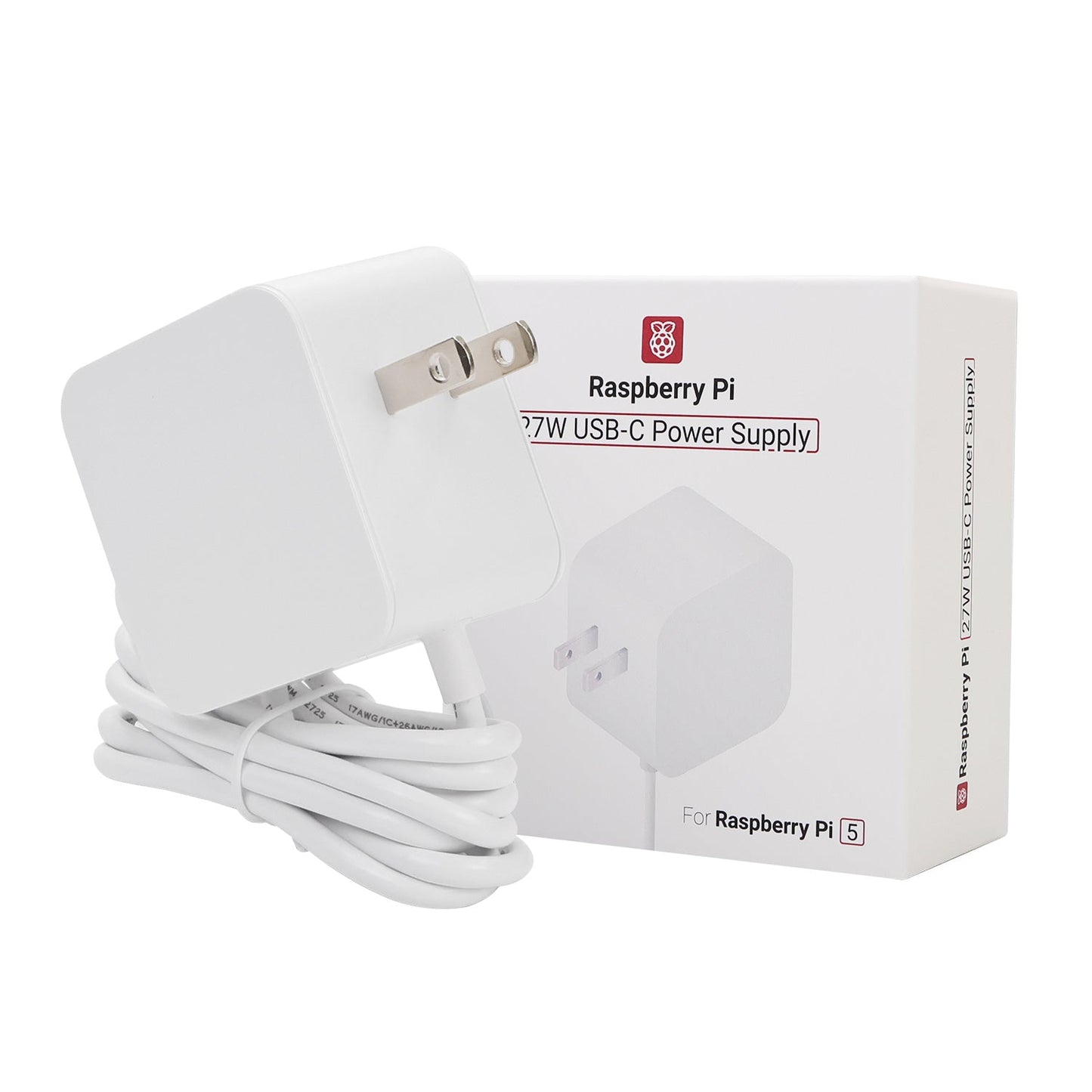 Angled view of Raspberry Pi 27W USB-C power supply with US plug, coiled cable, and box