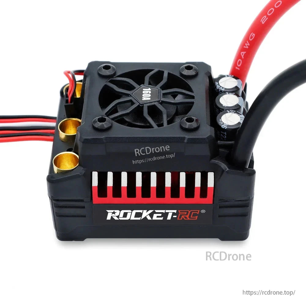 Front-top view of Rocket-RC ESC with 160A cooling fan, capacitors and motor terminals