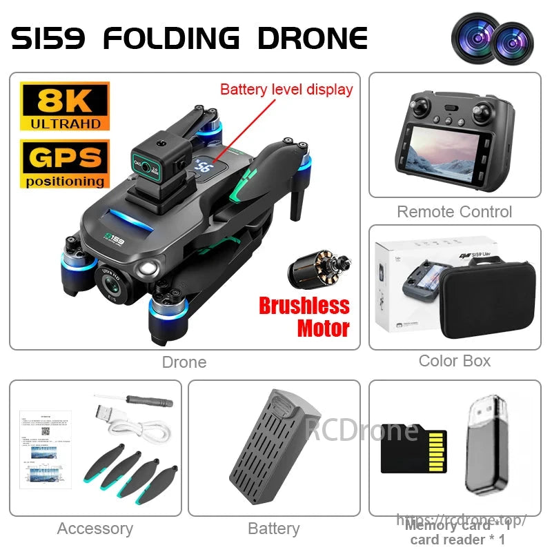 S159 Drone, S159 Folding Drone: 8K UltraHD, GPS, brushless motor, remote control, battery display, accessories.