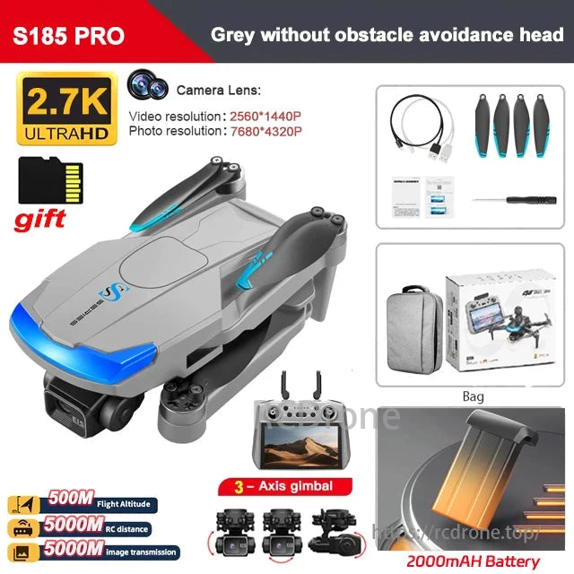 S185 GPS Drone, S185 PRO drone features 2.7K UltraHD, 500m altitude, 5km RC distance, image transmission, 3-axis gimbal, 2000mAh battery, and a free SD card. Gray body without obstacle avoidance.