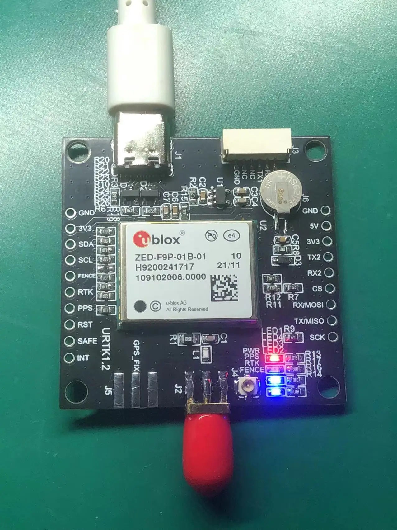 u-blox ZED-F9P-01B-01 RTK GNSS receiver board with USB-C, status LEDs, and antenna connector