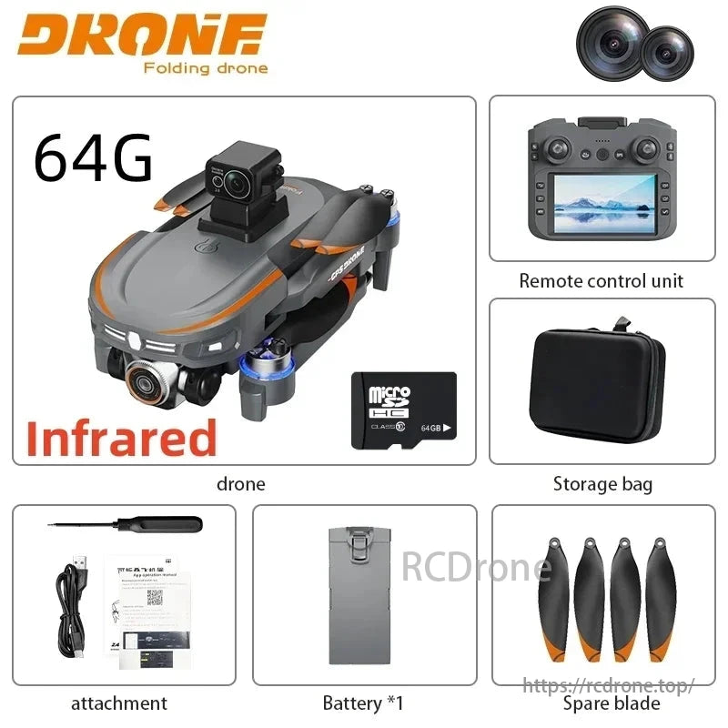 S28 GPS Drone, Drone features 64G storage, infrared camera, remote control, battery, spare blades, and accessories.