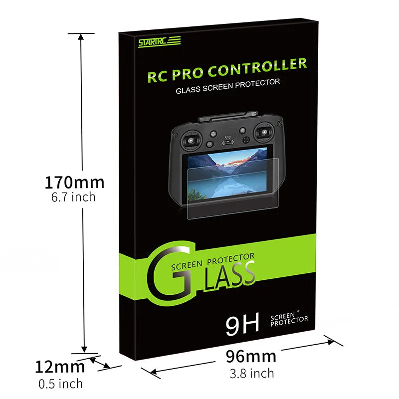 Two-pack RC Pro controller screen protectors, 9H hardness, sized 170mm x 96mm x 12mm, for durable touchscreen protection.