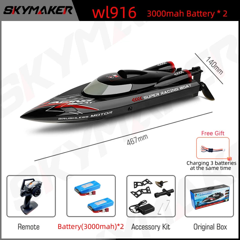 WLtoys WL916 RC Boat, WL916 RC boat with dual 3000mAh batteries, brushless motor, 2.4GHz remote, 150m range, capsize recovery, low battery alarm, waterproof; includes accessories, box, and free charger.