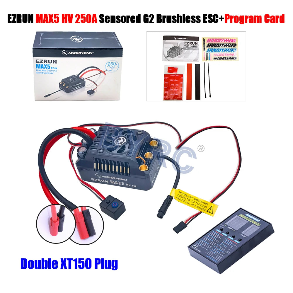Hobbywing EZRUN MAX5 HV G2 ESC, Hobbywing EZRUN MAX5 Brushless ESC for high-performance RC buggies, trucks, and cars with programmable card.