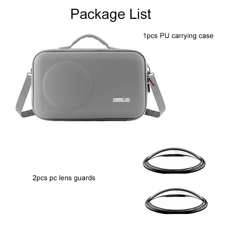 STARTRC Camera Shoulder Bag, Gray PU case with adjustable strap, splash-resistant, includes two lens guards.