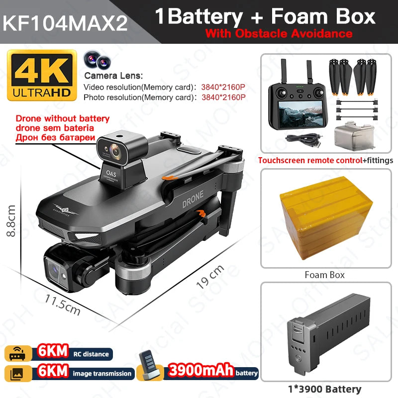 KF104 MAX2 Drone with obstacle avoidance, 4K camera, and touchscreen remote control for aerial photography and videography.