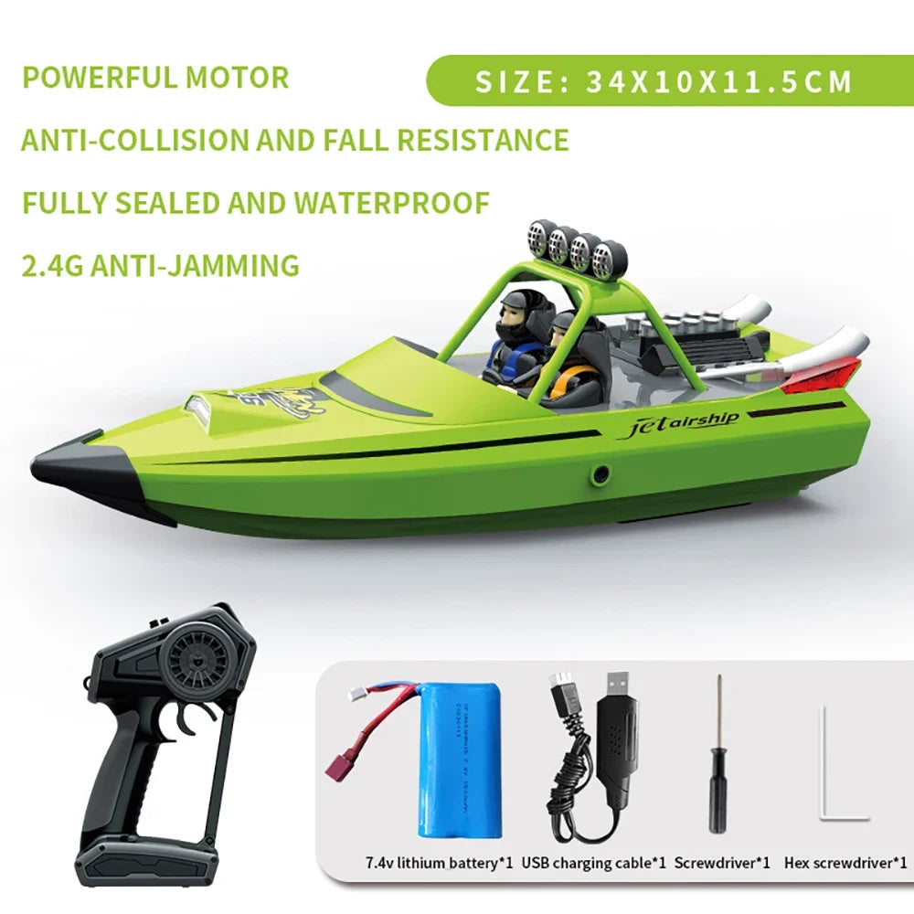 JJRC TY725 RC Boat, Durable drone with powerful motor, anti-collision, waterproof design, 2.4G anti-jamming, capsize reset, low battery alarm; includes battery, USB cable, screwdrivers; size 34x10x11.5cm.