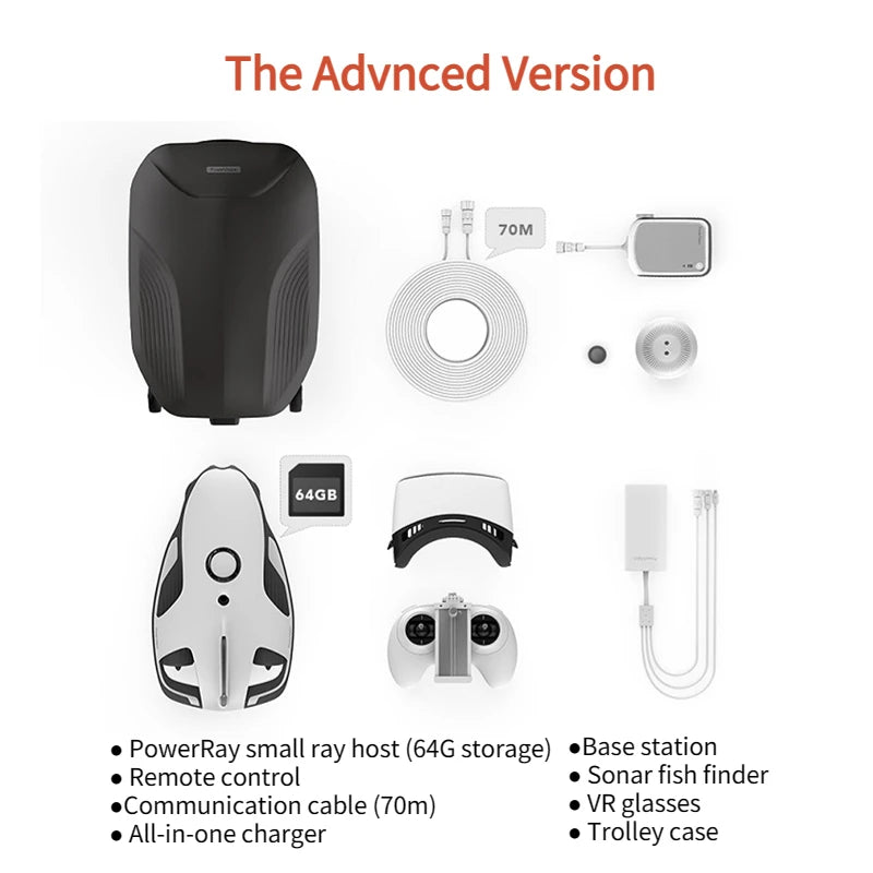 PowerVision PowerRay Underwater Camera Drone, PowerRay drone kit includes 64GB storage, VR glasses, sonar, 70m cable, remote, charger, base station, and trolley case.