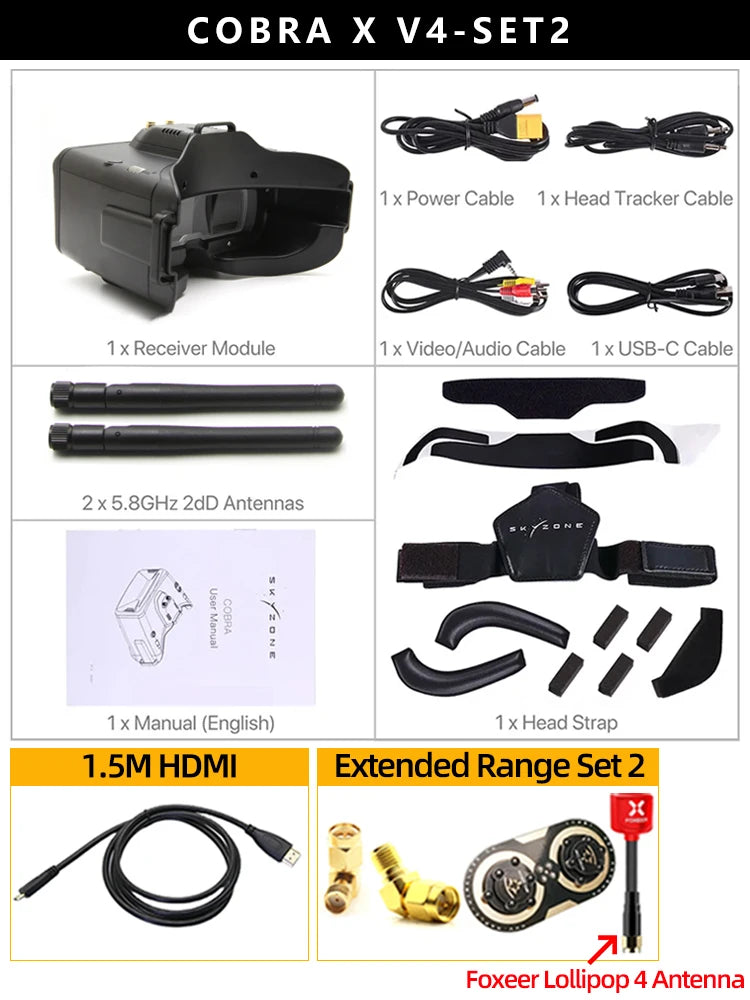 SKYZONE Cobra X V4 Goggle, COBRA X V4-SET2 1 x Power Cable 1x Head Tracker
