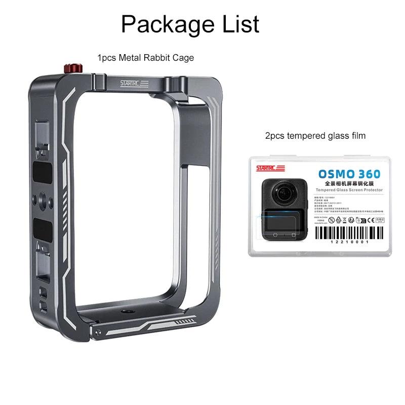 Metal cage for Osmo 360 with tempered glass, quick release, cold shoe, and 1/4" mount for secure, versatile mounting and protection.