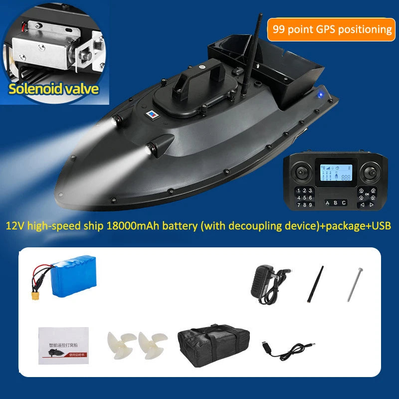 12V GPS RC bait boat with 99-point positioning, 600m range, 2.5kg capacity, night lights, cruise control, and auto-return function for reliable fishing support.