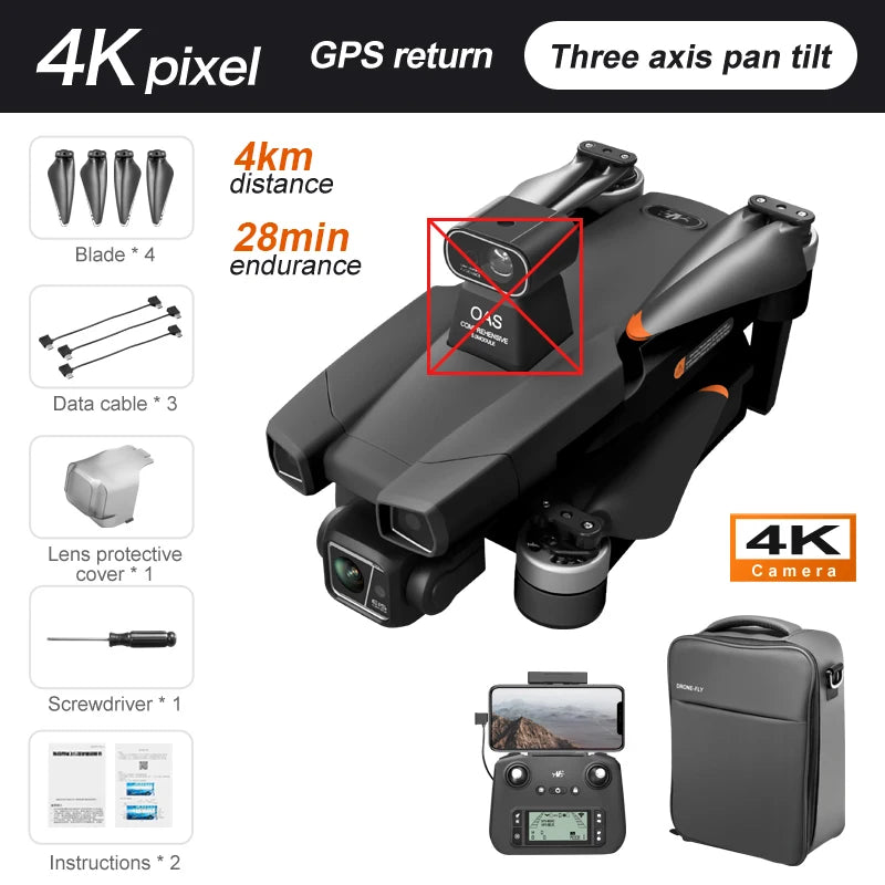 AE86 Pro Max Drone, 4K pixel GPS return Three axis pan tilt 4km