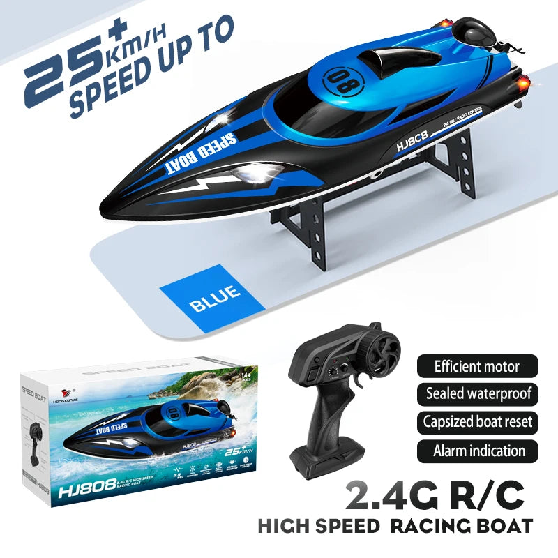 HJ808 RC Boat, HJ808 2.4G RC high-speed racing boat, 25km/h, waterproof, efficient motor, self-resetting, alarm, 150m range, blue.