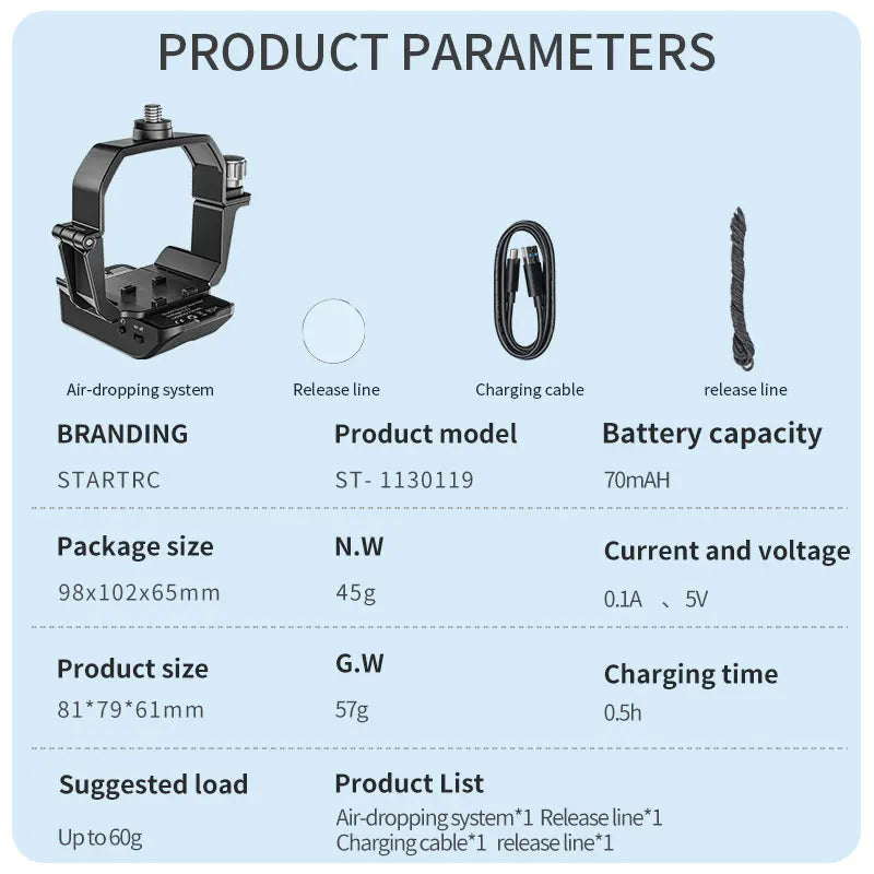 STARTRC Airdrop, Airdrop system for DJI Mini 4 Pro and Air 3 drones with a light-sensitive dropper and mounts for 1/4 inch accessories.
