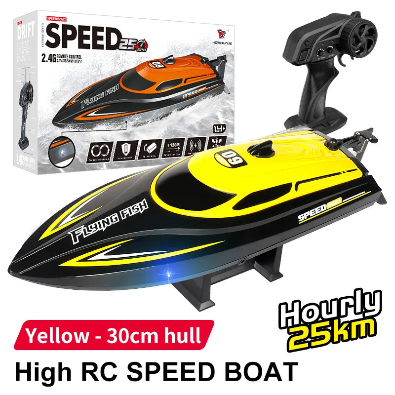 Children 2.4GHz RC Boat, High-speed remote control speedboat with 2.4GHz frequency, 120m range, and specifications: 7.4V 700mAh battery, 30x8x6.4cm size.