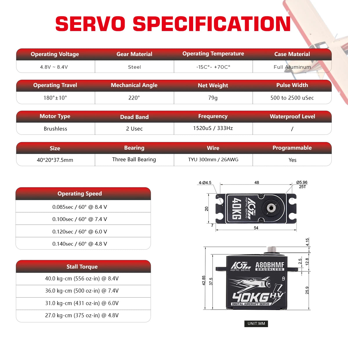 AGFRC A80BHMF, 4.8V 8.4v Steel -15C" +70C' Full aluminum