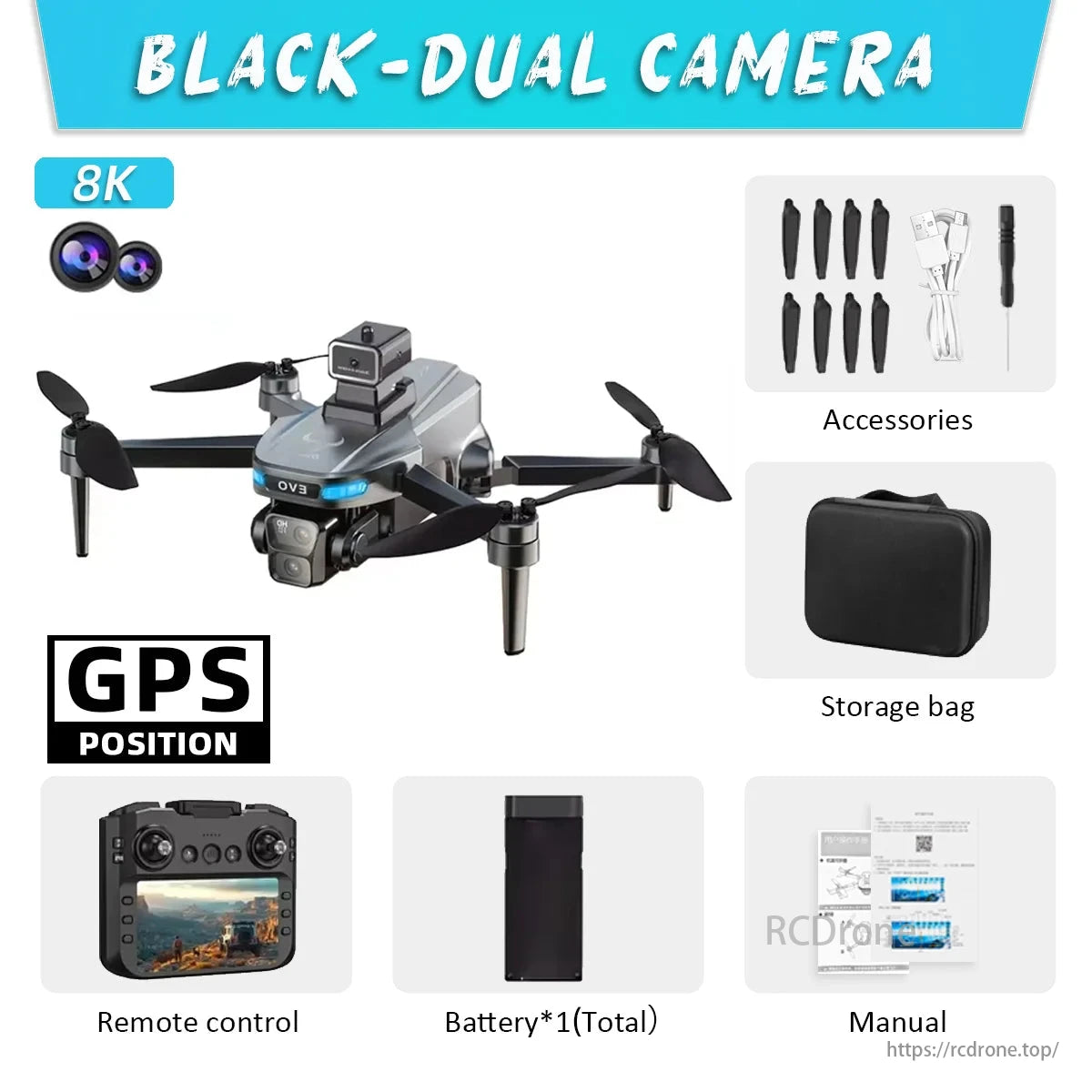 SG901 MAX GPS Drone, A black drone with dual 8K cameras, GPS, remote control, battery, accessories, storage bag, and manual.