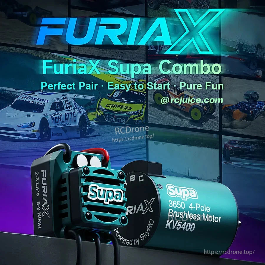 FuriaX Supa Combo promotional graphic with RC car racing background and ESC/motor pictured